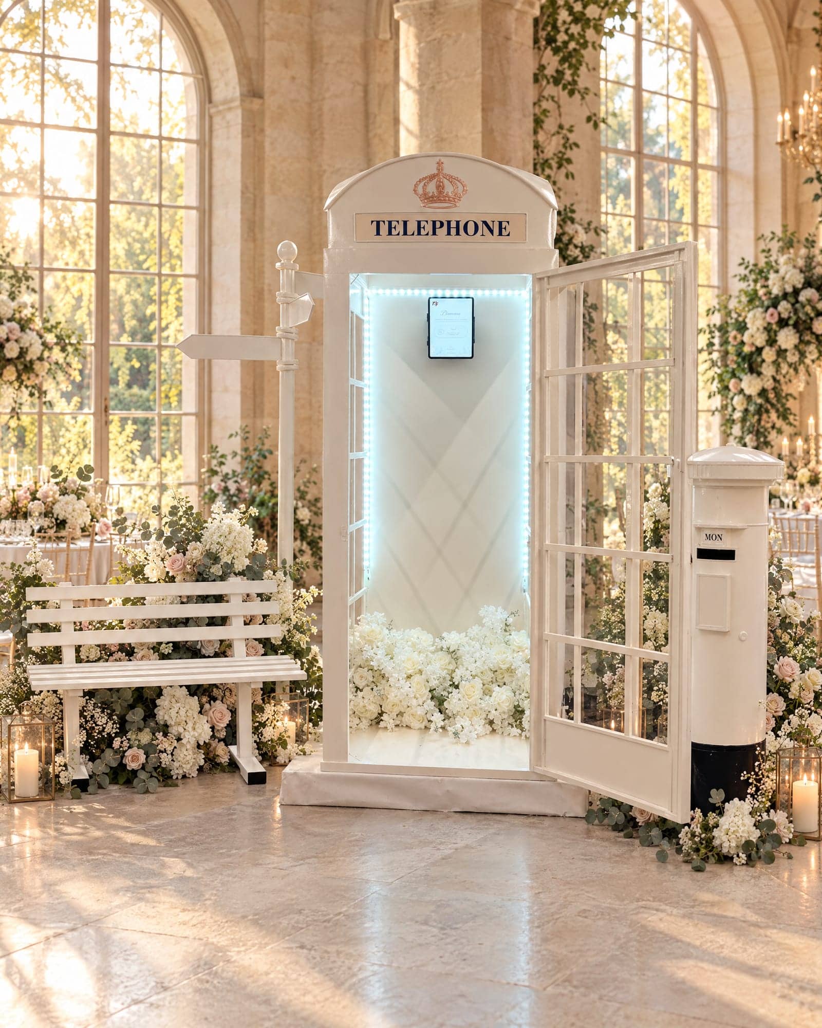 Cabine téléphonique vidéo blanche avec banc, poteau indicateur et boîte aux lettres dans une orangerie décorée pour un mariage